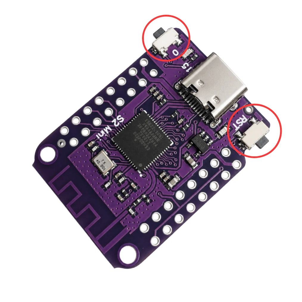 ESP32-S2 主板 0 和 RST 按钮位置